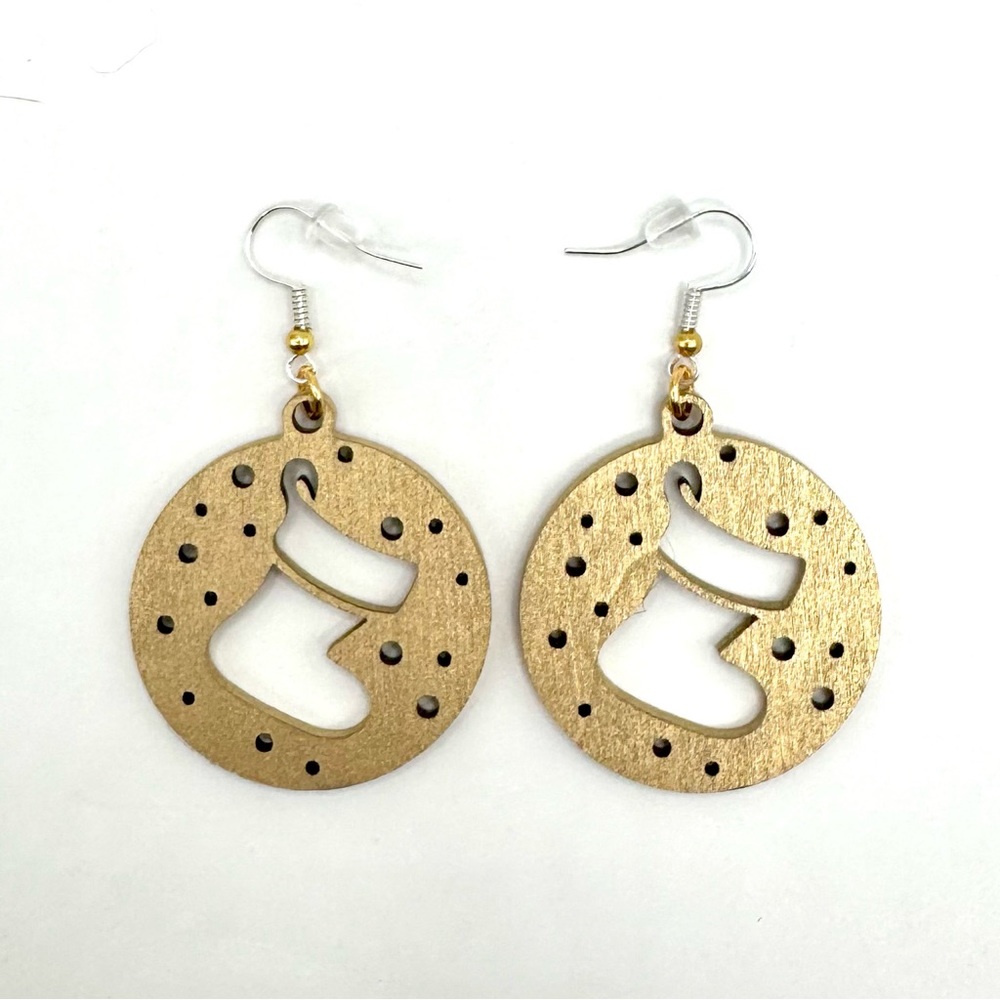 Handcrafted Gold Colored Wood Round Lightweight Stocking Dangle Earrings